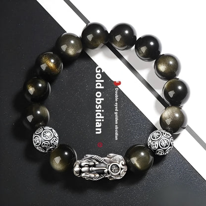 Men's geometric obsidian bracelet in polished sterling silver, shown in 12mm width size.