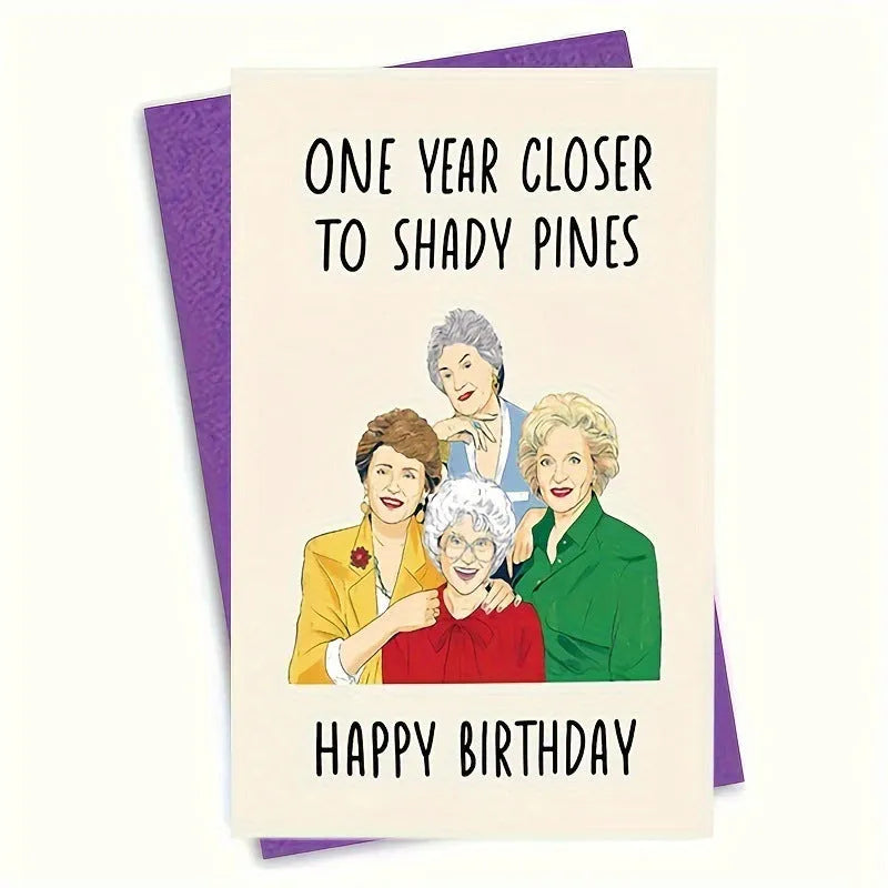 Simple modern birthday greeting card with choice of coloured envelopes: yellow, purple, pink, red, and kraft paper.