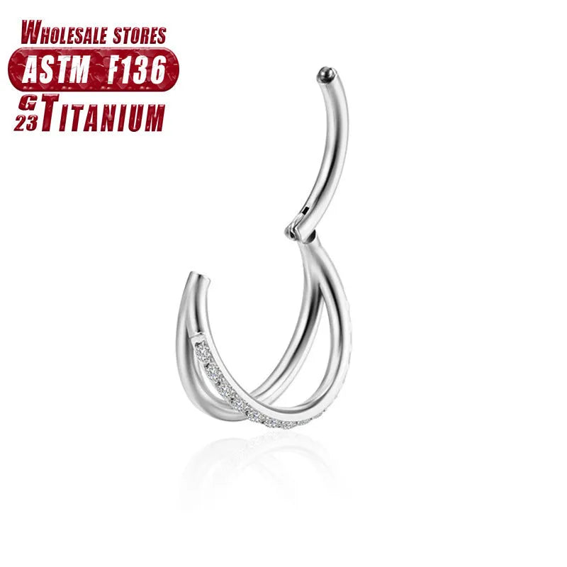 Titanium alloy fork nose ring with diamond treatment in silver finish, showing 1.2mm diameter and fork design