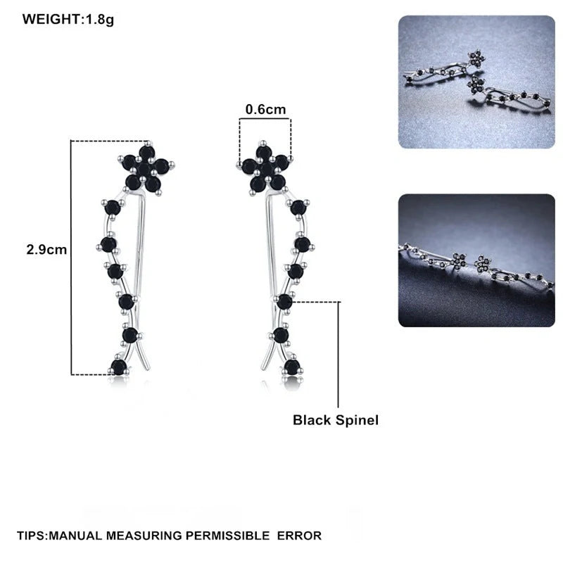 Women's long fringed zircon earrings in black with flower details and secure backing
