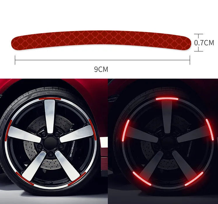 20-piece car wheel hub reflective stickers in multiple colours including fluorescent, rainbow and standard options