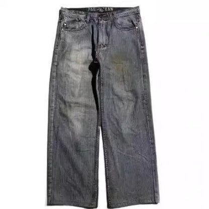 Men's grey washed-out wide-leg jeans with straight silhouette and micro elasticity fabric