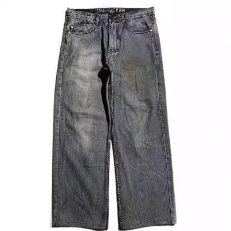 Men's grey washed-out wide-leg jeans with straight silhouette and micro elasticity fabric
