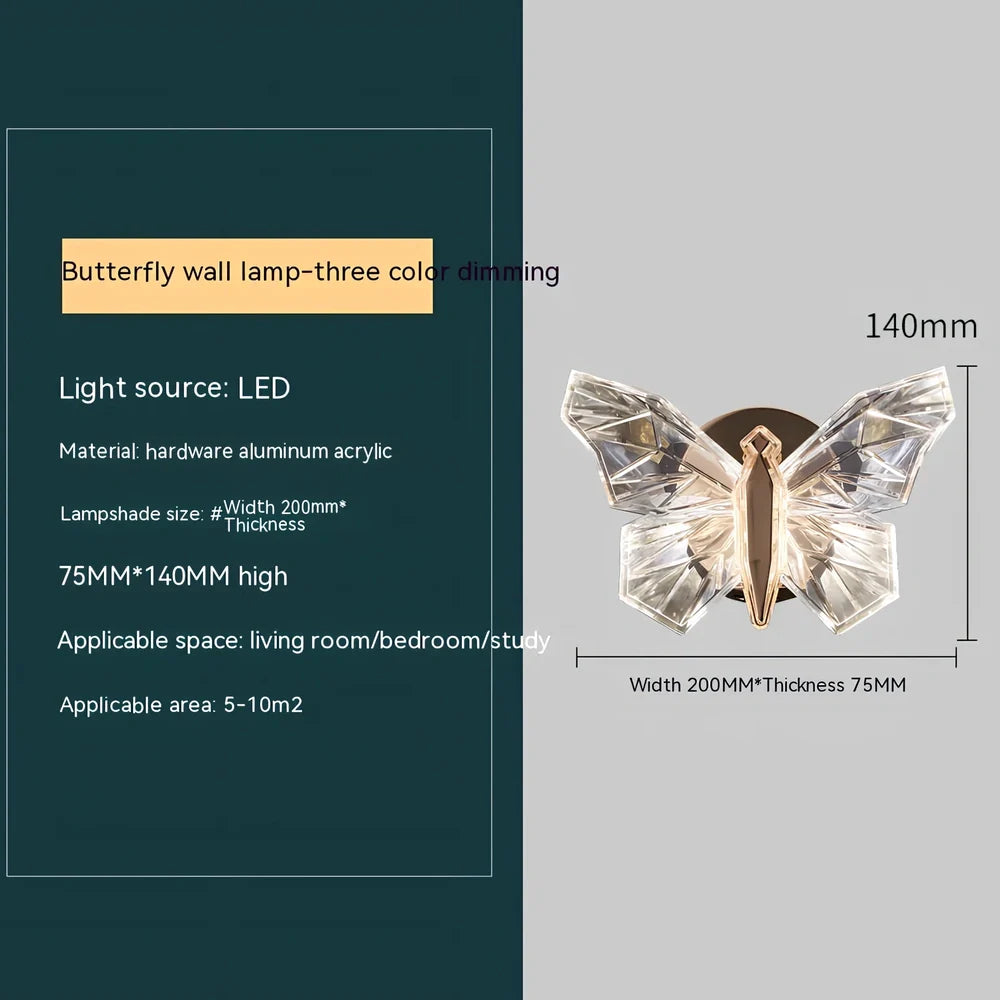 Butterfly-shaped crystal wall lamp with aluminium frame and multi-colour LED lighting for bedroom decoration