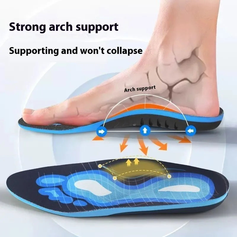Blue and green PU foam flat foot correction insoles for men and women.
