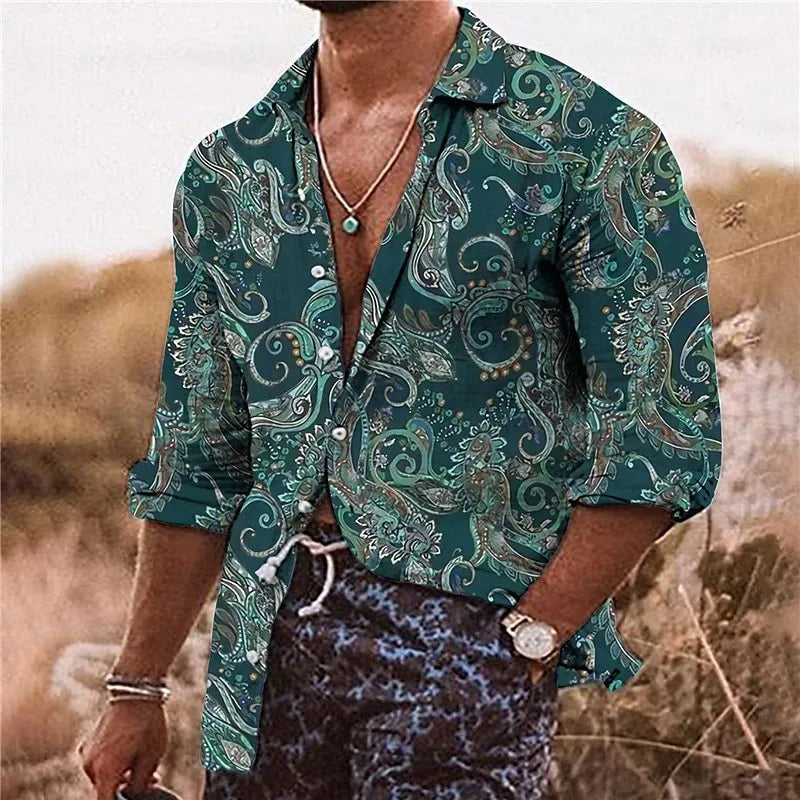 Men's loose fit polyester shirt with floral 3D pattern in bohemian style for business casual wear