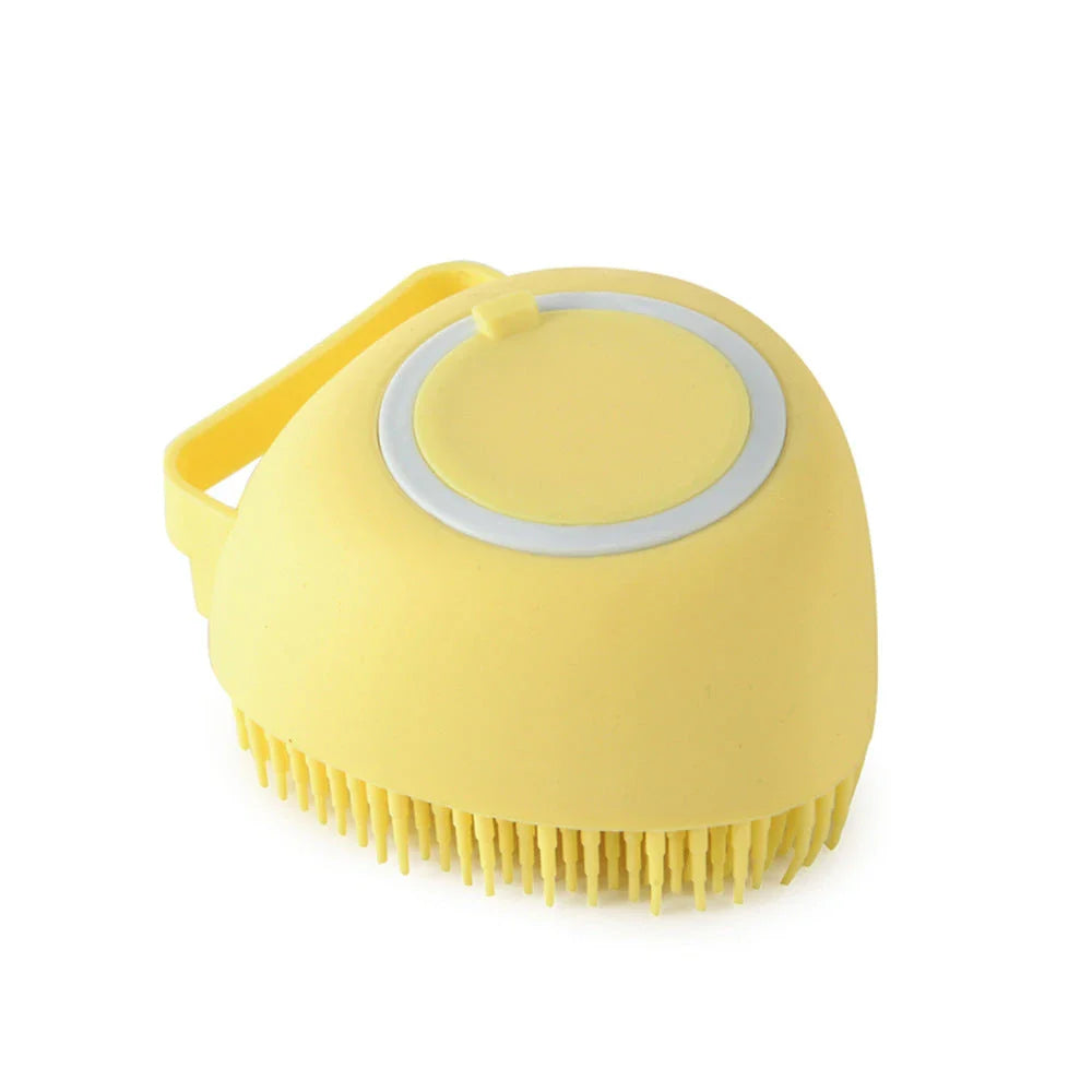 Silicone pet bath brush with shampoo dispenser, designed for gentle grooming and soothing massage