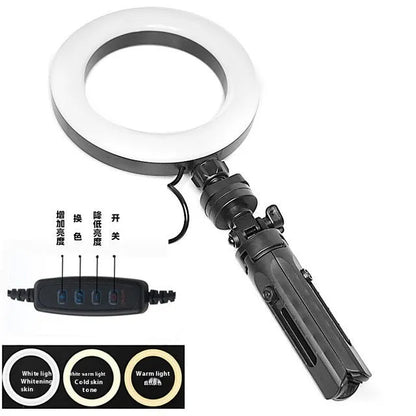 Black desktop mobile phone bracket with adjustable colour fill light and tripod stand for video recording
