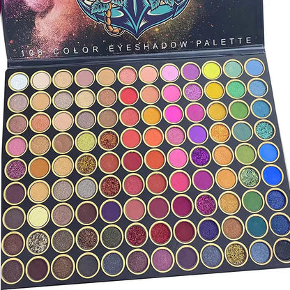 108-color waterproof eye shadow palette with pearlescent, matte, and shimmering shades