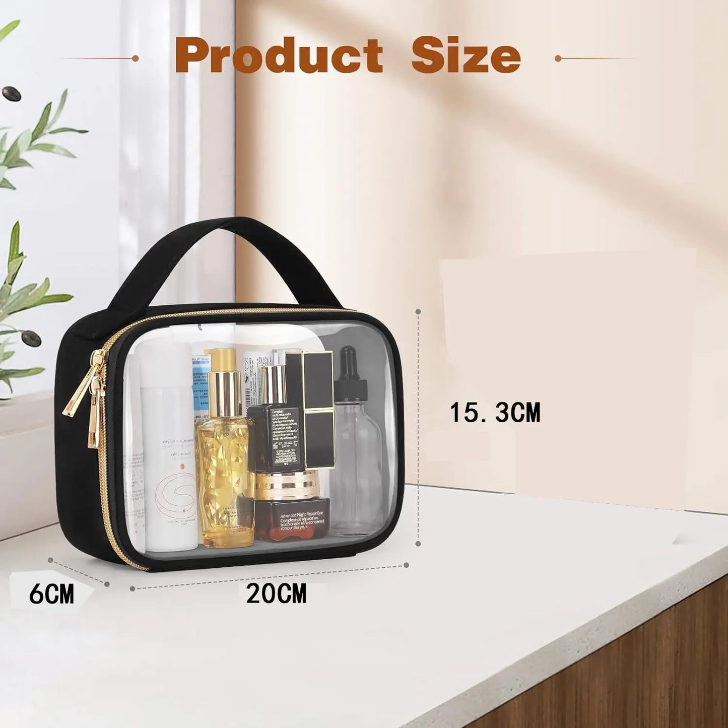 Transparent PVC lipstick storage wash bag with detachable chain showing cosmetic organisation