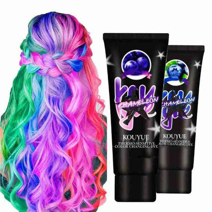 Thermochromic hair dye cream that changes color at 18°C, available in green yellow and black silver
