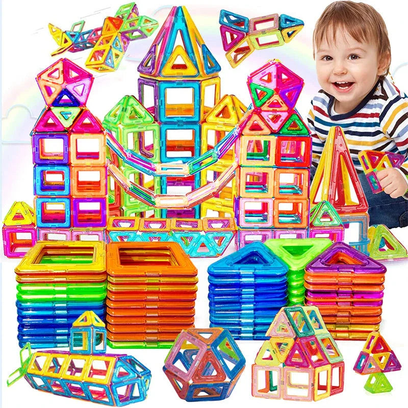 Colorful magnetic building blocks with children playing and building structures