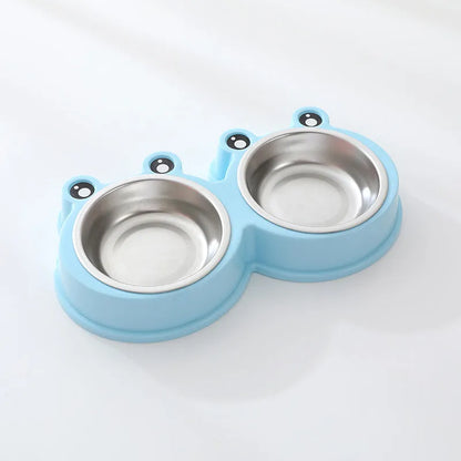 Stainless steel double pet bowl set with frog dish in blue, green, or pink.