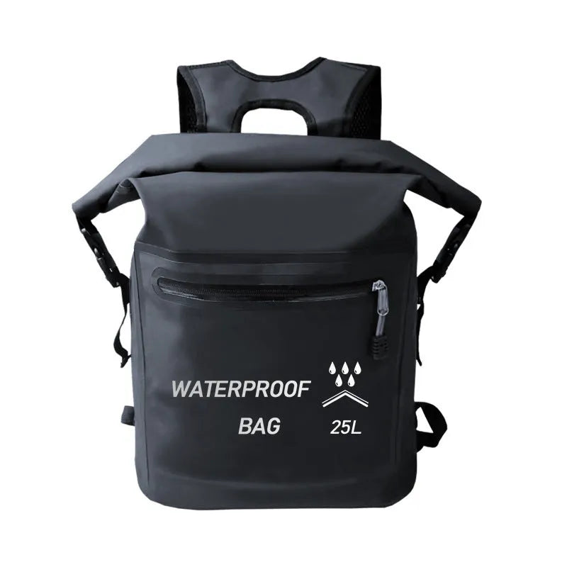 Black 25-litre waterproof backpack for swimming and rafting, showing 500D mesh clips.