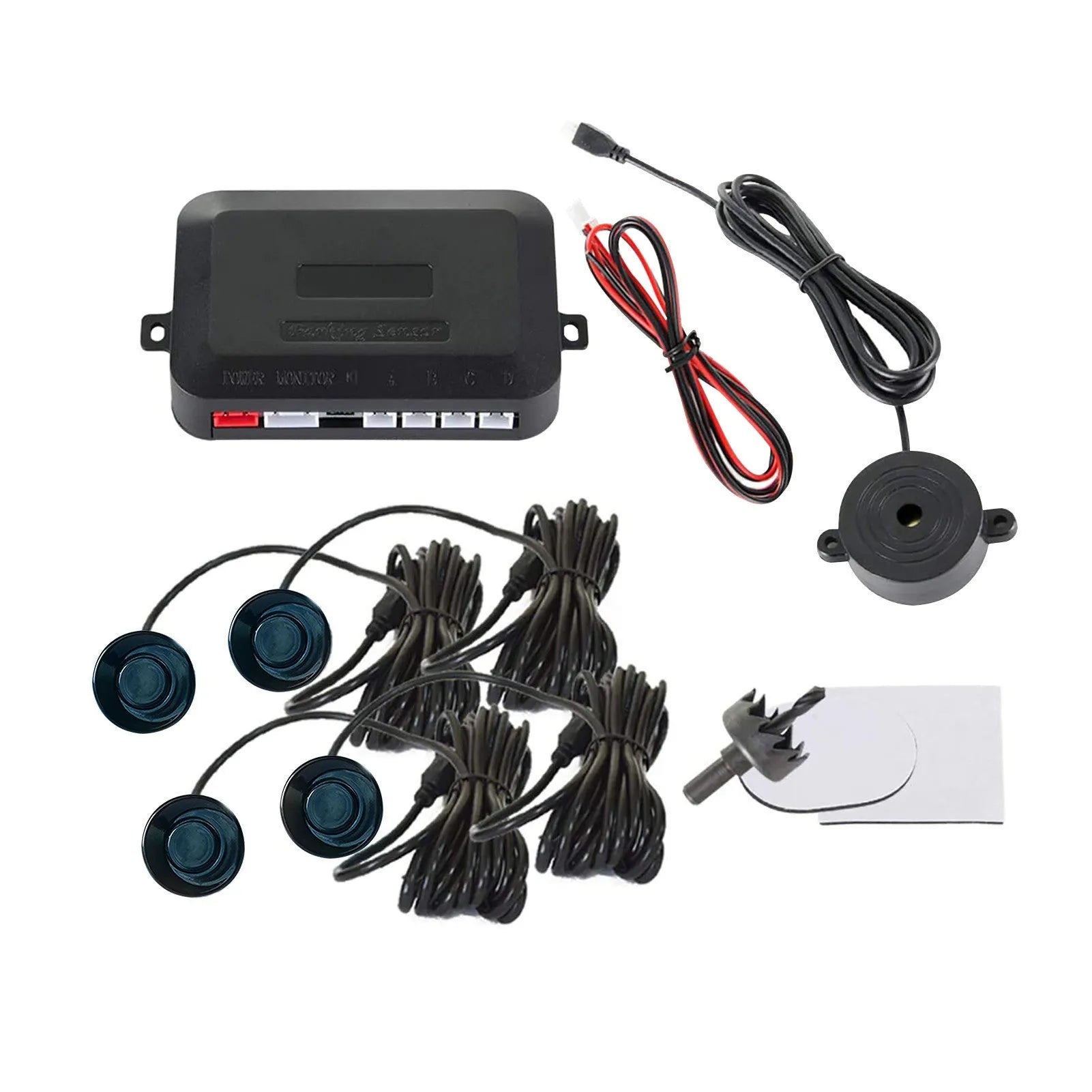 4-probe buzzer reversing radar kit with sensors, control module, and hole saw.