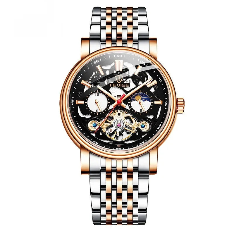 Men's tourbillon mechanical watch showing 16.5mm thickness with luminous hands and waterproof construction