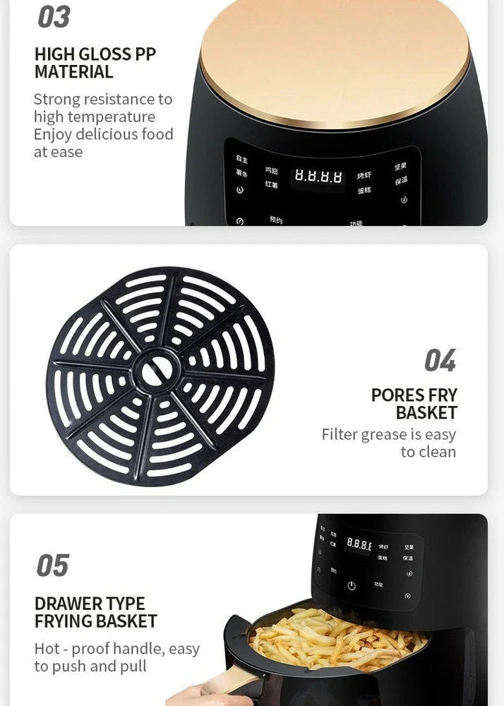 Black smart touch air fryer with stainless steel body and digital control panel showing cooking settings