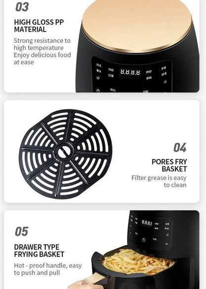 Black smart touch air fryer with stainless steel body and digital control panel showing cooking settings