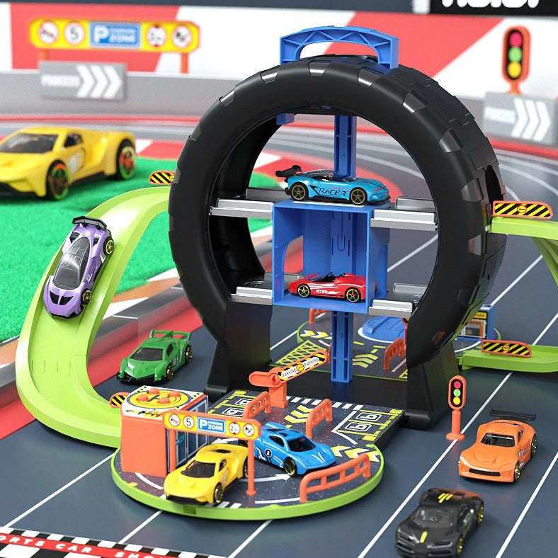 Children's tyre track parking lot toy with 28cm tracks and 33cm high parking structure for educational vehicle play
