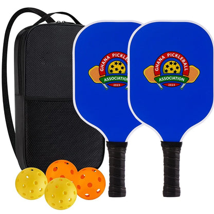 Peak Racket fibreglass squash set showing two rackets and four balls for complete playing equipment