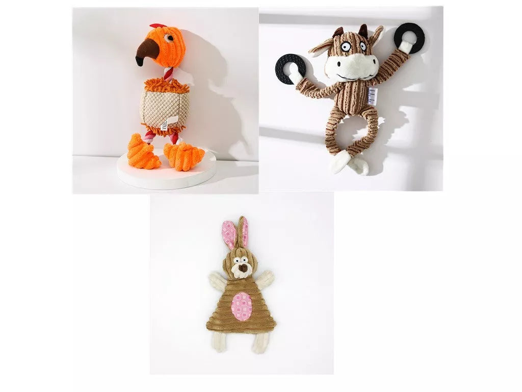 Donkey-shaped corduroy chew toy for dogs with squeaker, available in white, brown, and gray