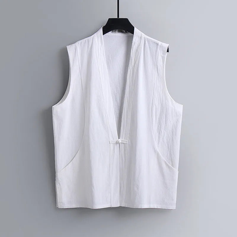 Men's solid colour linen sleeveless vest in loose fit for summer wear
