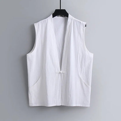 Men's solid colour linen sleeveless vest in loose fit for summer wear