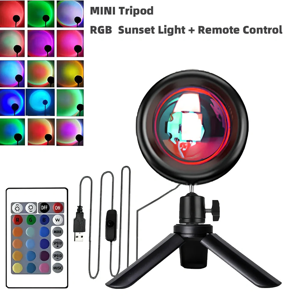 Sunset projection lamp with remote control showing rainbow colour lighting effects on wall
