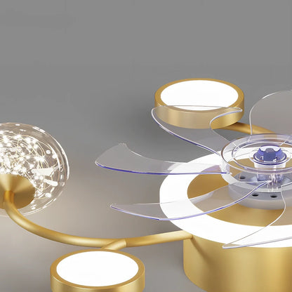 Modern smart ceiling fan lamp with round LED light and remote control in black or gold finish