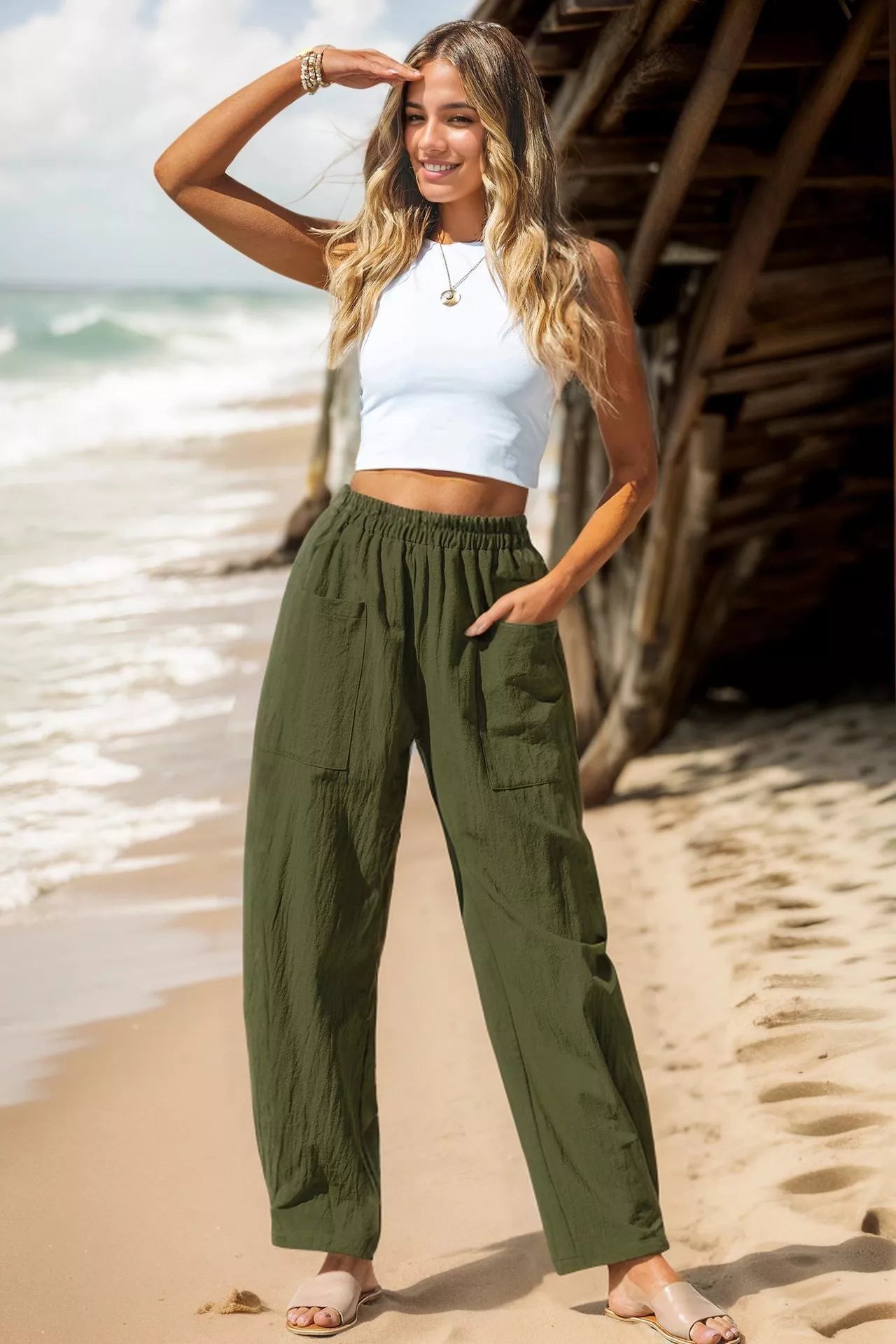 Women's cotton casual pants in straight-leg design, available in multiple colors
