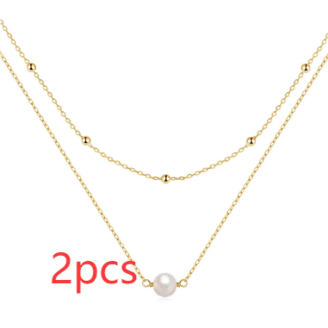 S925 sterling silver double layer necklace with twin pearls and geometric pendant in gold or white gold colour