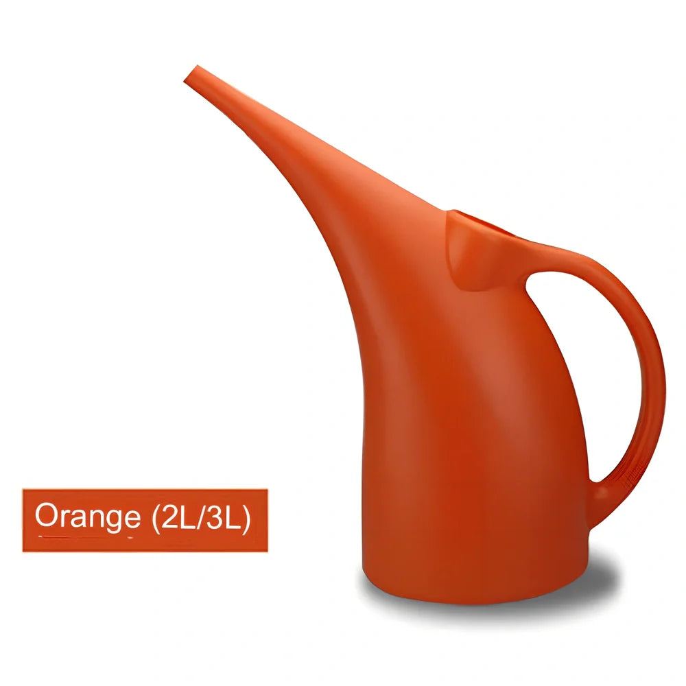 Green watering can with long spout showing measurements and shower head attachment for garden plants