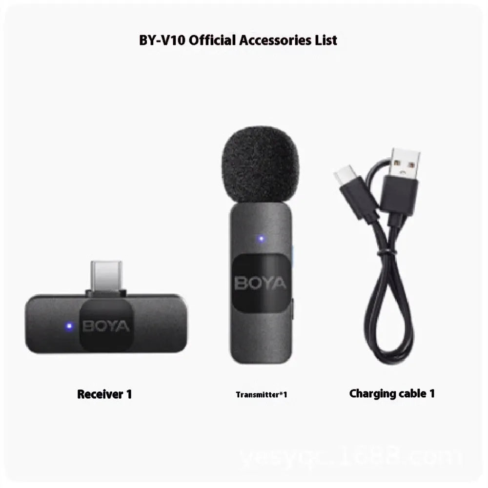 Wireless collar clip microphone with 2.4GHz transmission and USB-C charging for mobile live streaming and video recording
