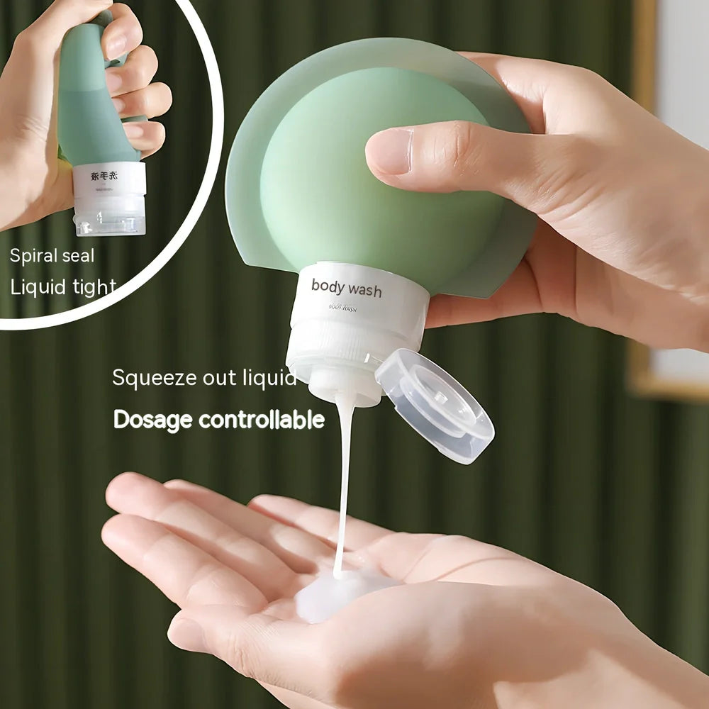 Three silicone travel bottles in different colours with stickers, showing 60ml and 90ml sizes for shampoo and cosmetics