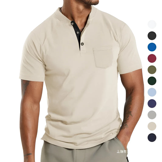 A man wearing a plus size solid colour short sleeve polyester shirt with a button chest pocket.