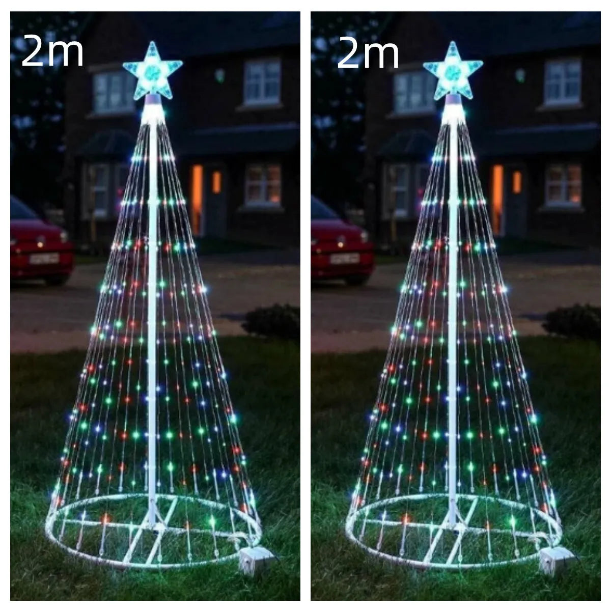 Multi-colour LED animated outdoor Christmas tree lights showing garden installation with 1.5m and 2m size options