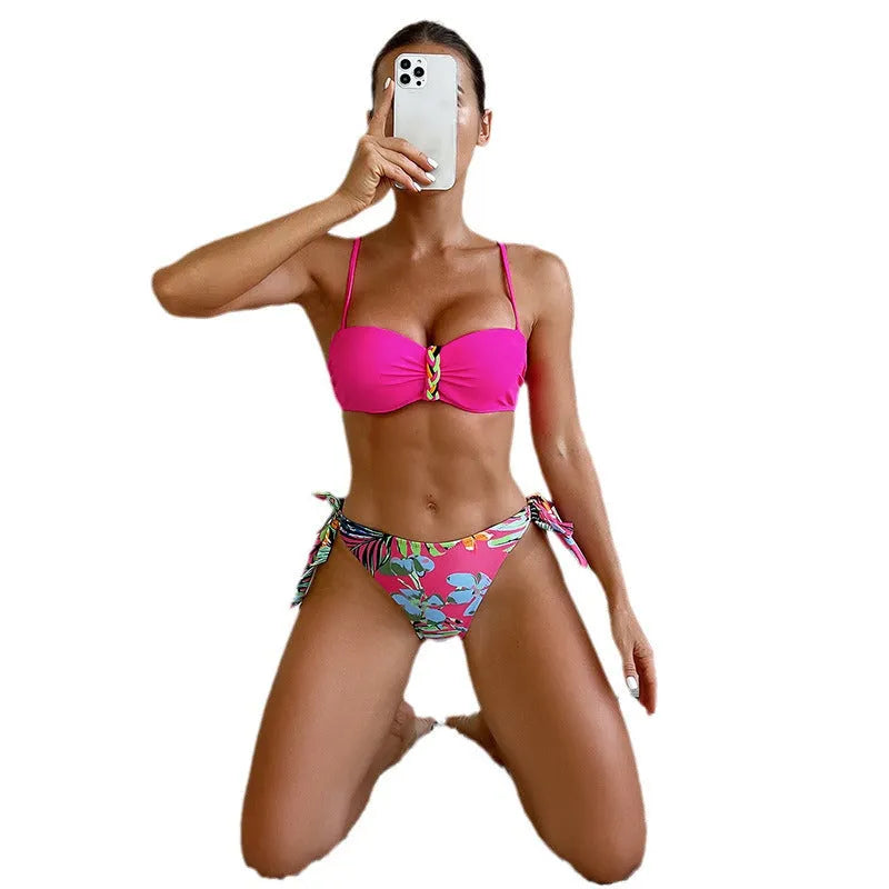 Rose red women's bikini swimsuit with braid rope detailing on adjustable straps