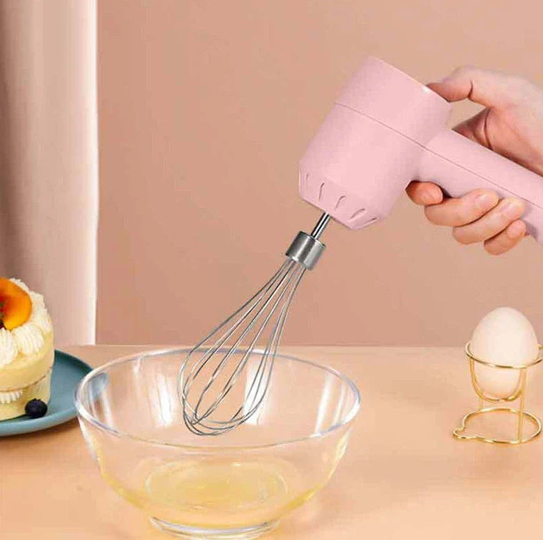 Cordless mini wireless electric hand mixer with whisk and beater attachments, available in green, white, and pink colors