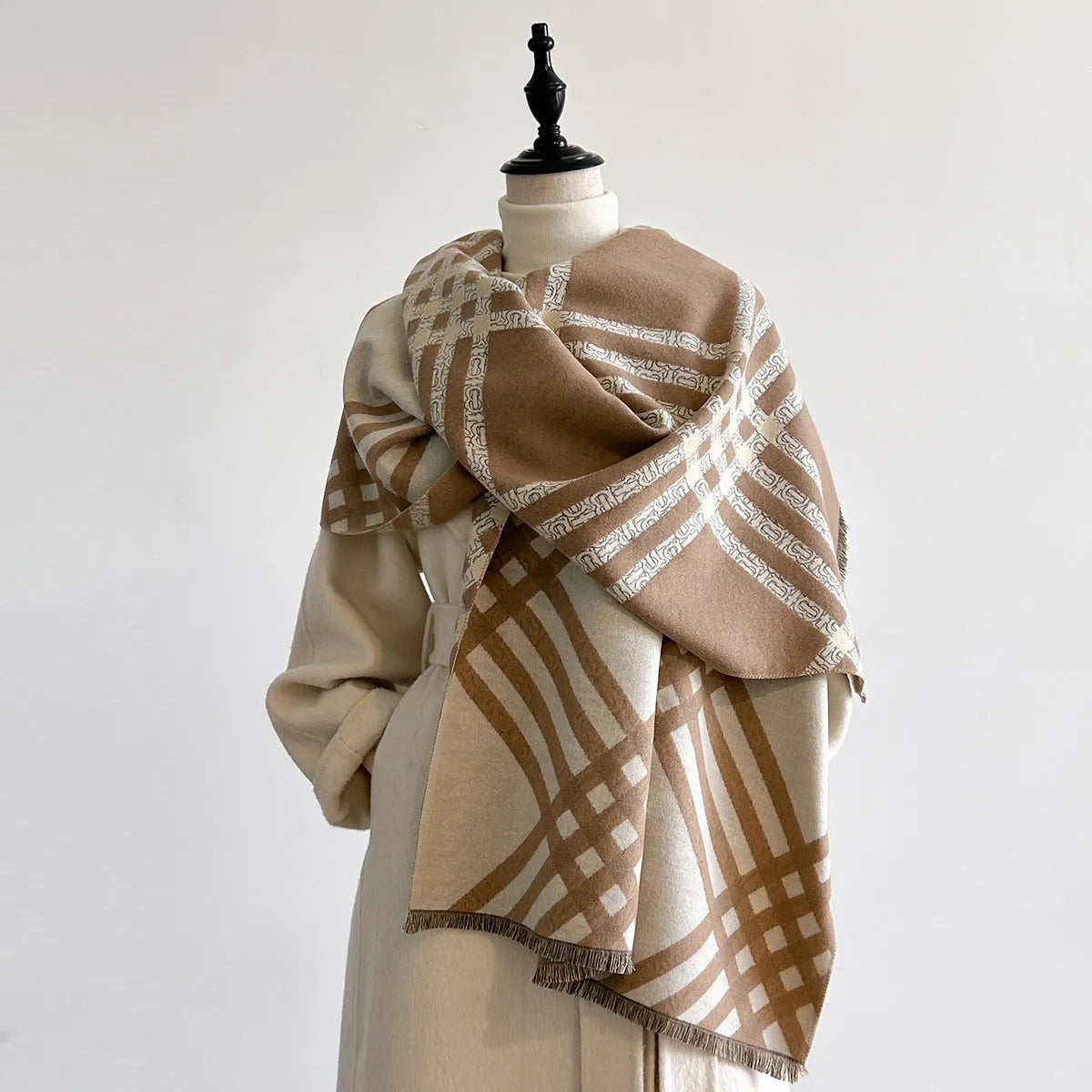 Cashmere-like winter scarf with tassels in brown, black, black camel or khaki colours