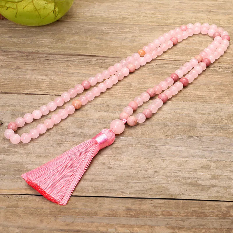 Stone bead yoga necklace and bracelet set with long fringe tassel pendant on adjustable ball chain