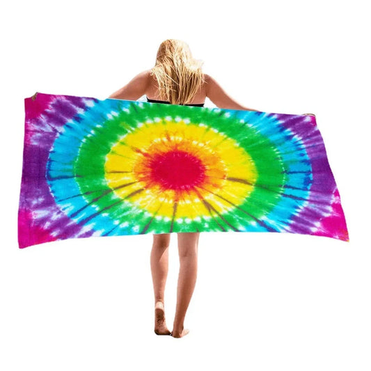 Square beach towel with tie-dye pattern showing superfine fibre texture and vibrant colours