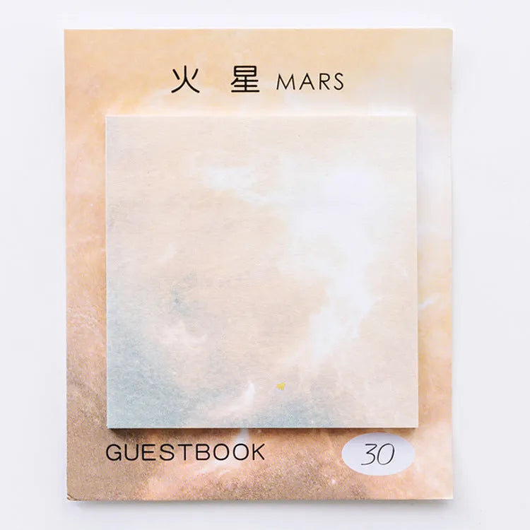 Square 7.3cm sticky notes with oil painting planet designs including Earth, Mars, Mercury, Pluto, and moon variations
