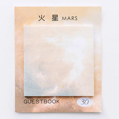 Square 7.3cm sticky notes with oil painting planet designs including Earth, Mars, Mercury, Pluto, and moon variations
