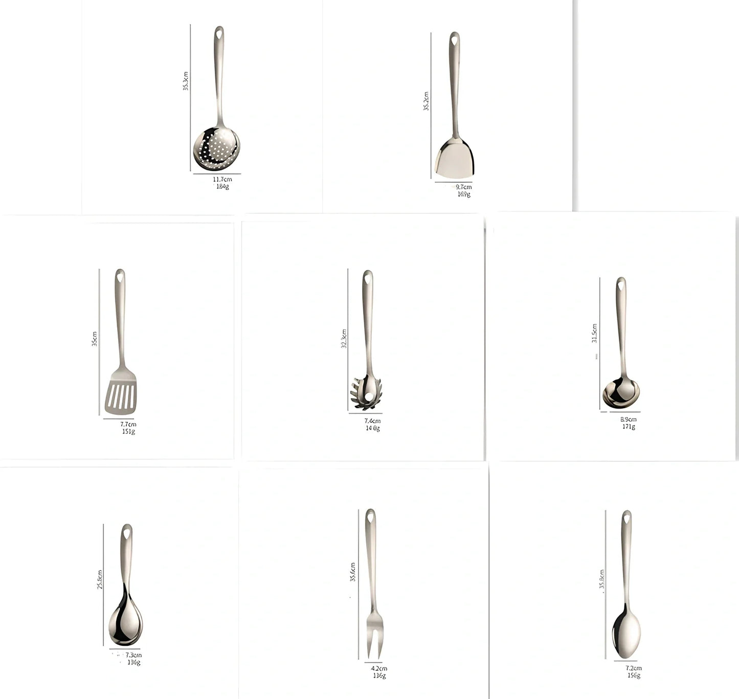 Thickened 430 stainless steel kitchen utensils set with seven tools including drain shovel and anti-slip handles