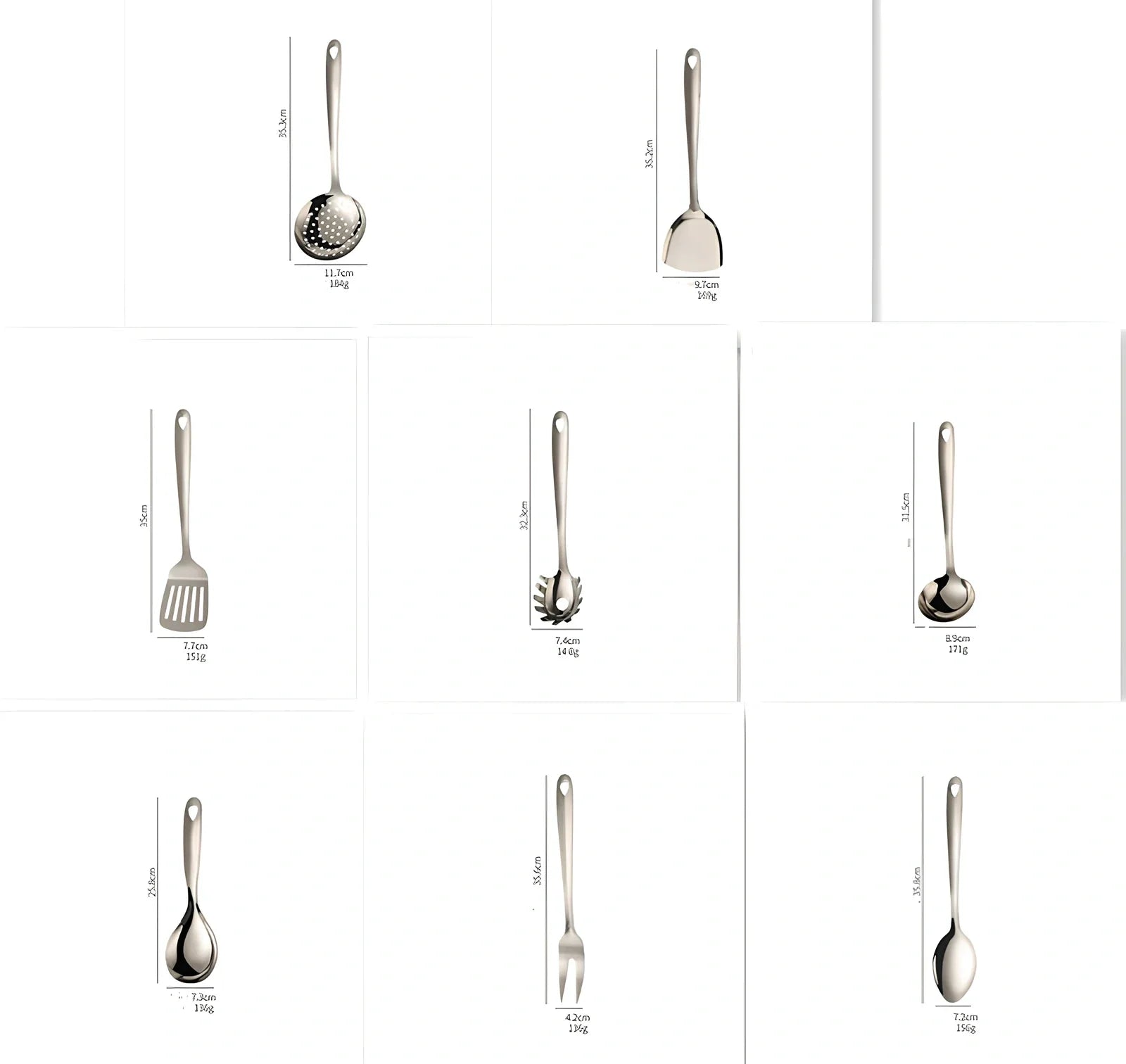 Thickened 430 stainless steel kitchen utensils set with seven tools including drain shovel and anti-slip handles