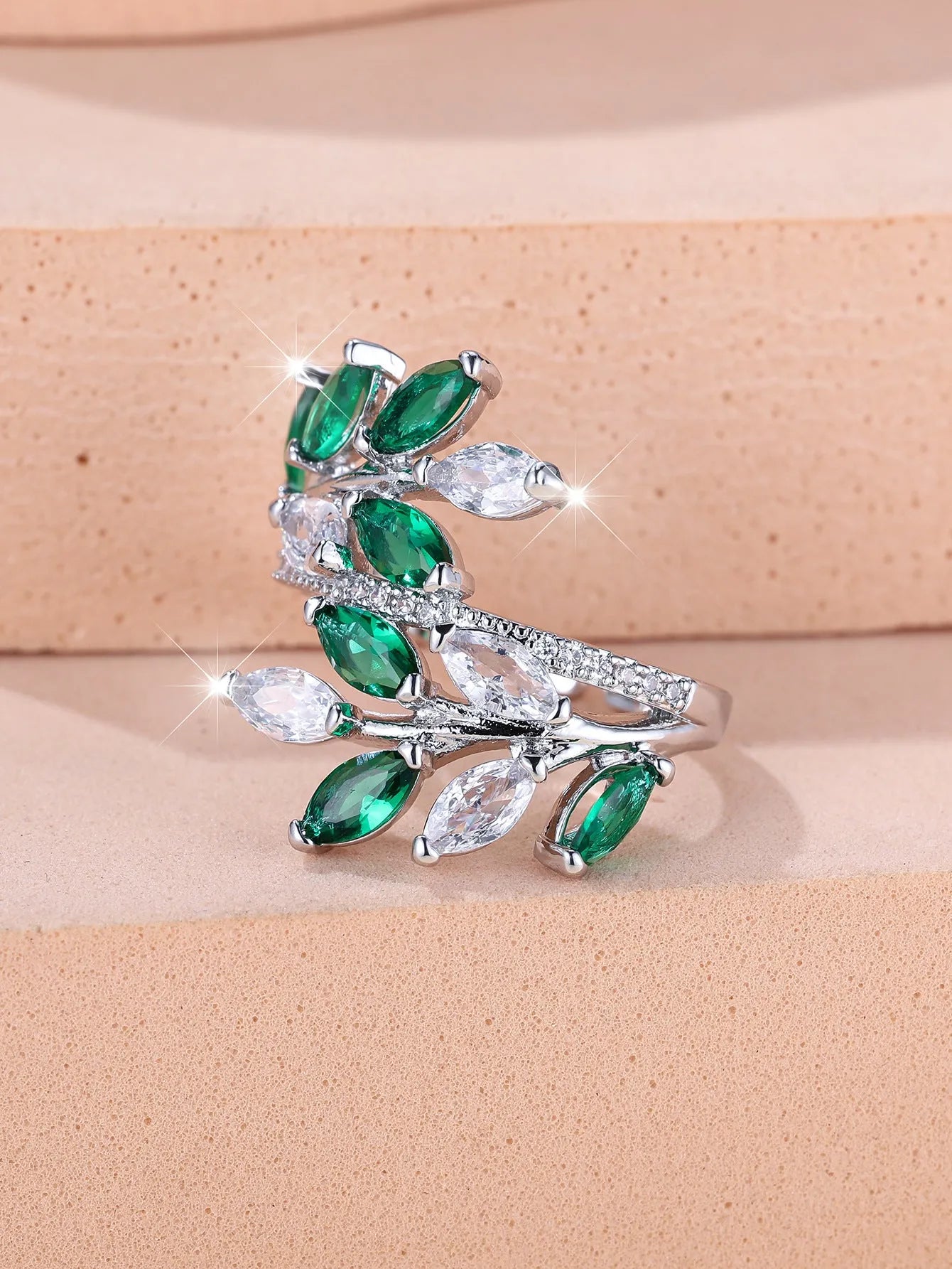Horse Eye Zircon Leaf Ring with adjustable opening in rose gold purple white diamond colour on a hand
