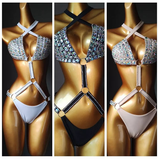 Diamond chain bikini in nylon, available in pink, white, black, sizes S, M, L