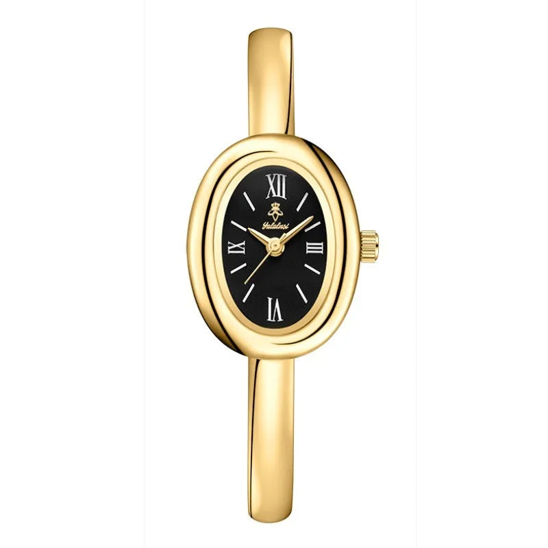 Women's oval retro quartz watch in gold colour with slim 8mm case thickness