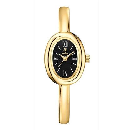 Women's oval retro quartz watch in gold colour with slim 8mm case thickness
