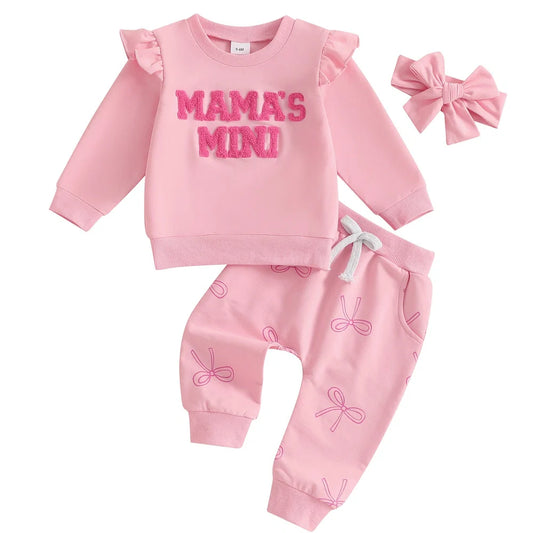 Valentine's Day baby three-piece set with flounced sleeves and matching headdress in cartoon abstract pattern